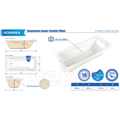 Ванна акриловая МетаКам Comfort Maxi 180x80