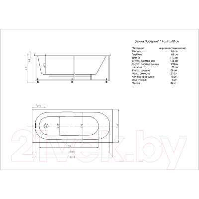 Ванна акриловая Aquatek Оберон 170x70 R