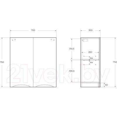 Шкаф для ванной BelBagno Fly-Marino-700-2A-SC-RW-P