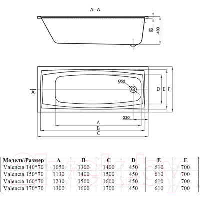 Ванна акриловая Alba Spa Valencia 170x70