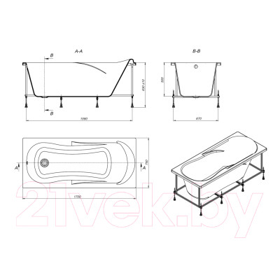 Ванна акриловая Roca Uno 170x75 / ZRU9302870 + ZRU9302876 + ZRU9303039