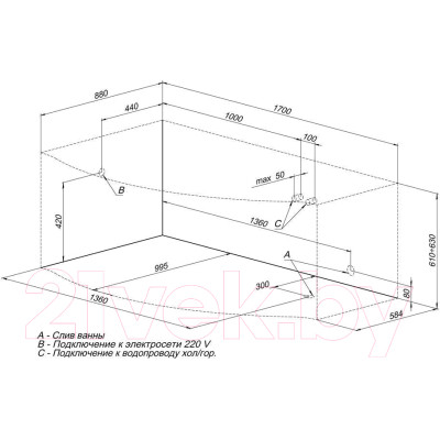 Ванна акриловая Aquanet Palma 170x90/60 L