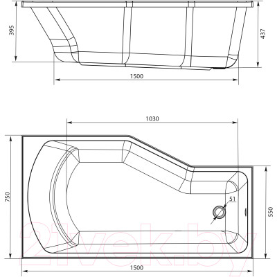 Ванна акриловая 1Марка Convey 150x75 L