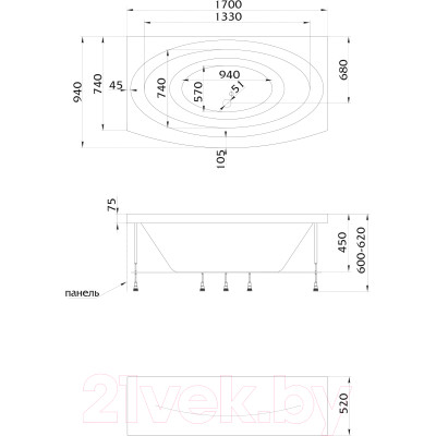 Ванна акриловая 1Марка Nega 170x95