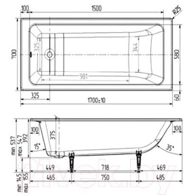 Ванна чугунная Wotte Вотте Line 170х70 / БП-э0000д1467