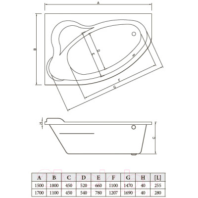 Ванна акриловая Bonito Home Rosa 170x110 R