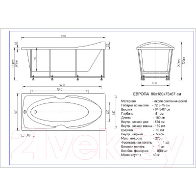 Ванна акриловая Aquatek Европа 180x80 L