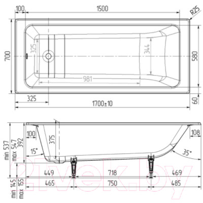 Ванна чугунная Wotte Вотте Line 170x70 / БП-э0000д1467