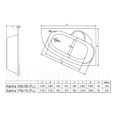 Ванна акриловая Alba Spa Katrina 170x110 R