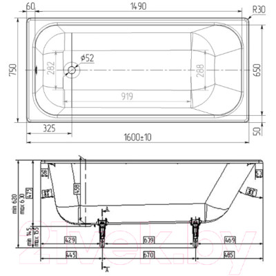 Ванна чугунная Wotte Старт 160х75 / БП-э000001106