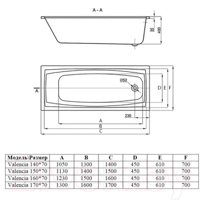 Ванна акриловая Alba Spa Valencia 140x70