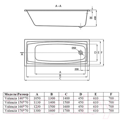 Ванна акриловая Alba Spa Valencia 170x70