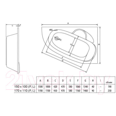 Ванна акриловая Alba Spa Katrina 150x100 L