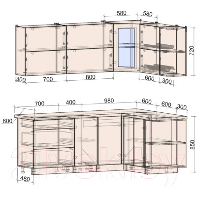 Кухонный гарнитур Интерлиния Мила Матте 1.5x2.1 А правая