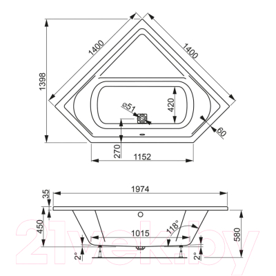 Ванна акриловая VagnerPlast Cavallo 140x140 / VPBA140CAV3X-04