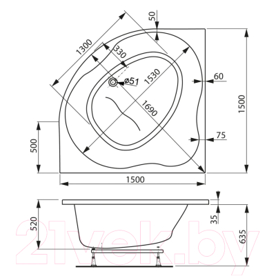 Ванна акриловая VagnerPlast Plejada 150x150 / VPBA150PLE3X-04