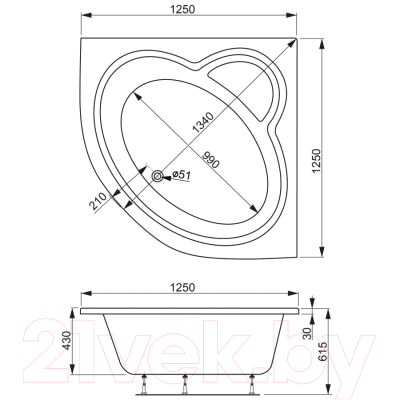 Ванна акриловая VagnerPlast Catalina Mini 125x125 / VPBA125CTM3X-04