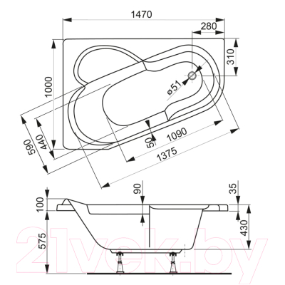 Ванна акриловая VagnerPlast Selena 147x100 R / VPBA141SEL3PE-04