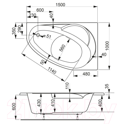 Ванна акриловая VagnerPlast Flora 150x100 R / VPBA151FLA3PX-04