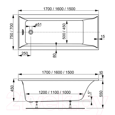 Ванна акриловая VagnerPlast Veronela 160x70 / VPBA167VEA2X-04