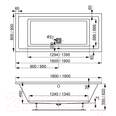 Ванна акриловая VagnerPlast Cavallo 180x80 / VPBA180CAV2X-04