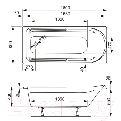 Ванна акриловая VagnerPlast Hera 180x80 / VPBA180HER2X-04