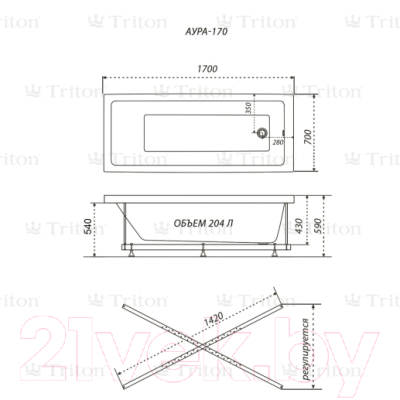 Ванна акриловая Triton Аура Базовая 170x70