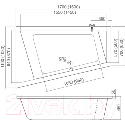 Ванна акриловая Roth Kubic Asymmetric 170 R / 9690001