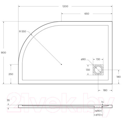 Душевой поддон BelBagno TRAY-MR-UNO-RH-120/80-550-35-W-L