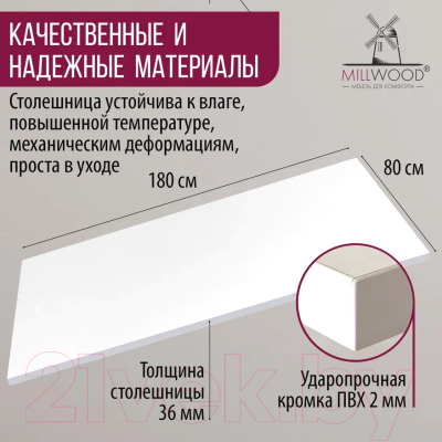 Столешница для стола Millwood ПФ 180x80x3.6