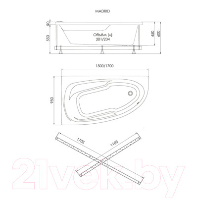 Ванна акриловая 1AcReal Мадрид 150х95 R