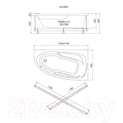 Ванна акриловая 1AcReal Мадрид 170х95 L