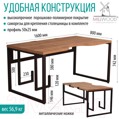 Компьютерный стол Millwood Каир 2 с вырезом 160x80x74